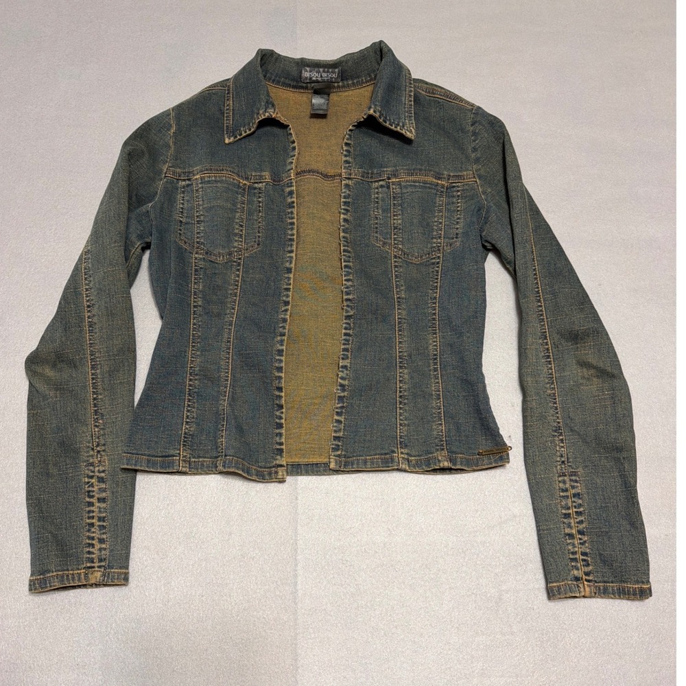 Bisou Bisou Michele Bohbot Denim Jacket Hook Eye Closure Blue Tan Wash Medium